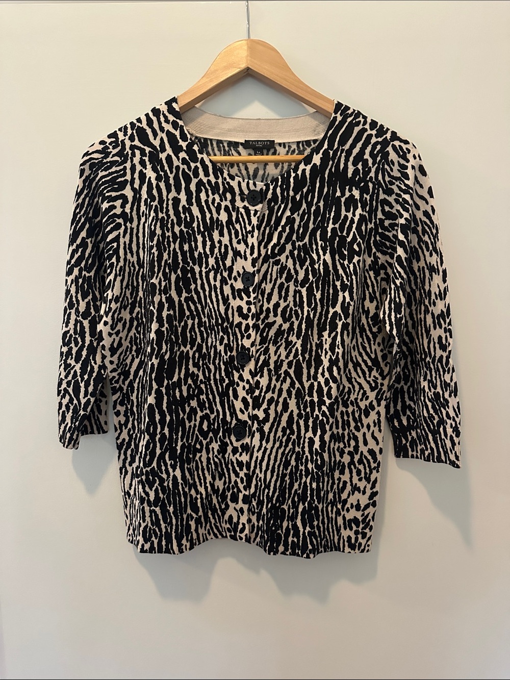 Talbots Black and Cream Animal Print Button-Front Cardigan